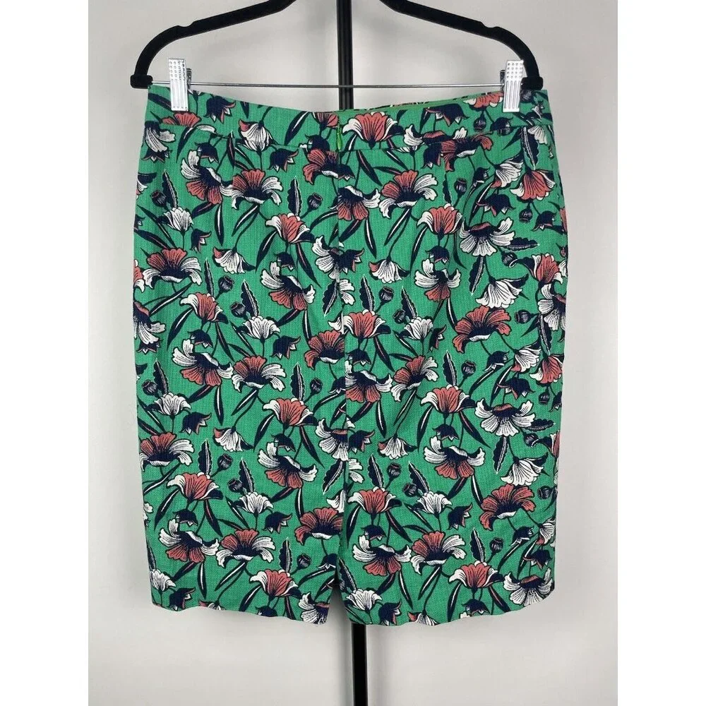 J by J Crew Green Poppy Floral Basketweave Cotton Pencil Skirt Size 10‎